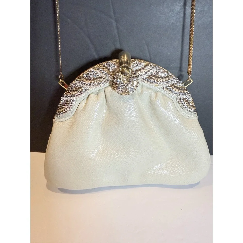 Elan Ivory Evening Clutch Rhinestone Crystal Purse Gold Chain Wedding Bag